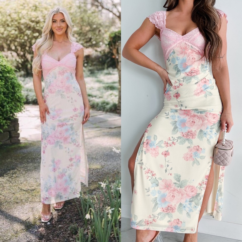 *24 HOUR SALE* Pretty In Pastels Floral Print Lace Maxi Dress - Picture 7 of 11